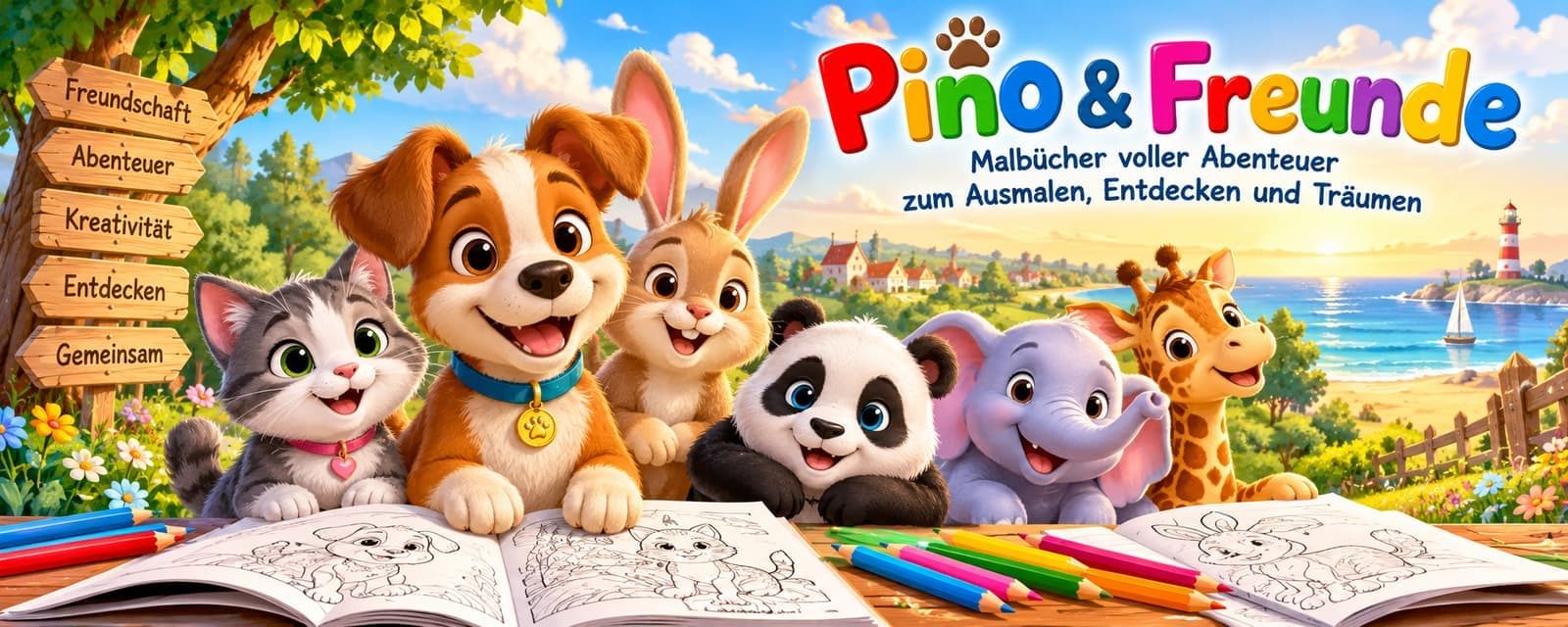 Pino und seine Freunde sitzen vor aufgeschlagenen Malbüchern mit Buntstiften